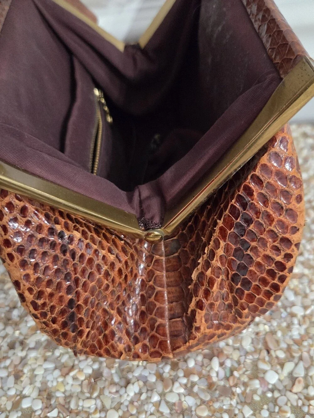 Vintage Genuine Snakeskin Handbag Brown Python Leather Framed Purse Clasp Close